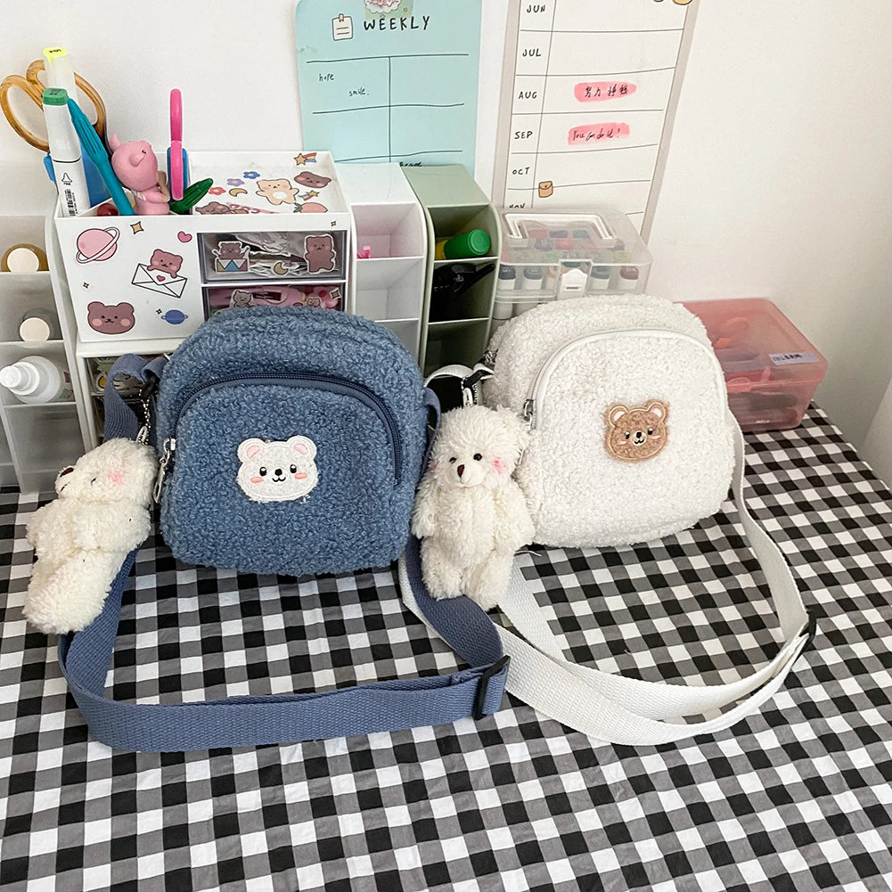 Cartoon Bear Soft Small Sweet Womens Handbags with Pendant