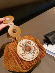 Corduroy Mini Bag with Donut Pendant - Women's Crossbody Tote