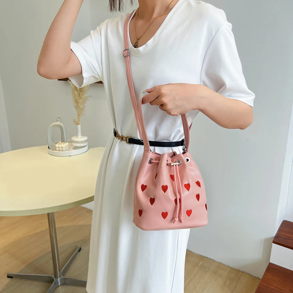Love Heart Embroidered Crossbody Bag Leather Handbag Purse Bucket Bag
