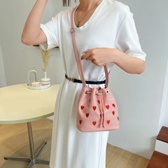 Love Heart Embroidered Crossbody Bag Leather Handbag Purse Bucket Bag