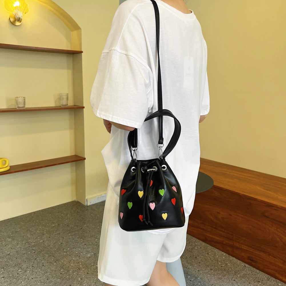 Love Heart Embroidered Crossbody Bag Leather Handbag Purse Bucket Bag