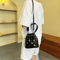 Love Heart Embroidered Crossbody Bag Leather Handbag Purse Bucket Bag