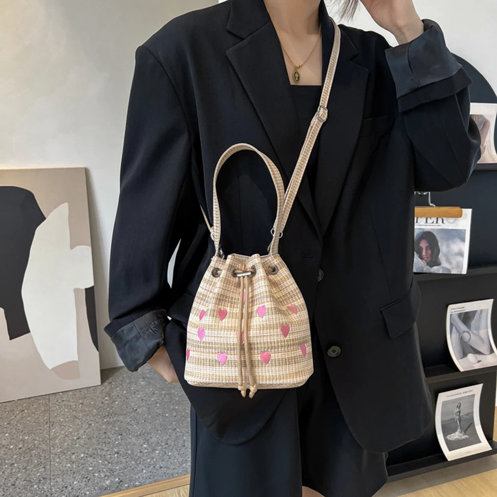 Love Heart Embroidered Crossbody Bag Leather Handbag Purse Bucket Bag