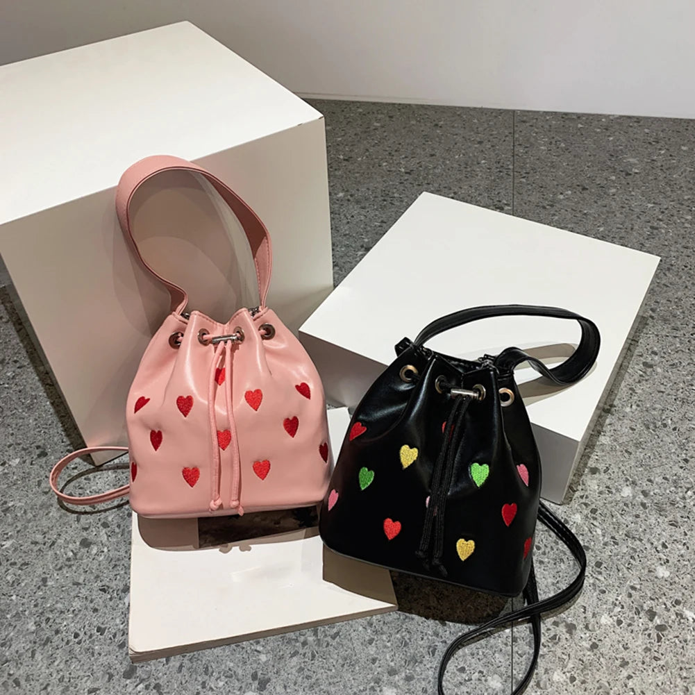 Love Heart Embroidered Crossbody Bag Leather Handbag Purse Bucket Bag