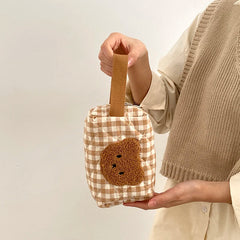 Khaki Makeup Bag Large Capacity Portable Cosmetic Bags Zipper Plaid Brushes Pouc
