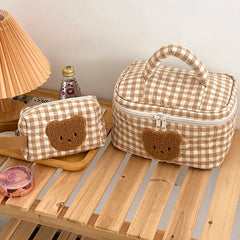 Khaki Makeup Bag Large Capacity Portable Cosmetic Bags Zipper Plaid Brushes Pouc