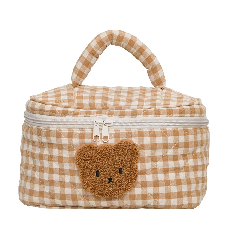 Khaki Makeup Bag Large Capacity Portable Cosmetic Bags Zipper Plaid Brushes Pouc