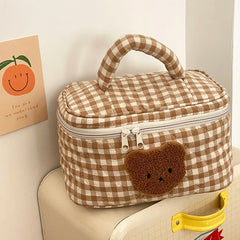 Khaki Makeup Bag Large Capacity Portable Cosmetic Bags Zipper Plaid Brushes Pouc