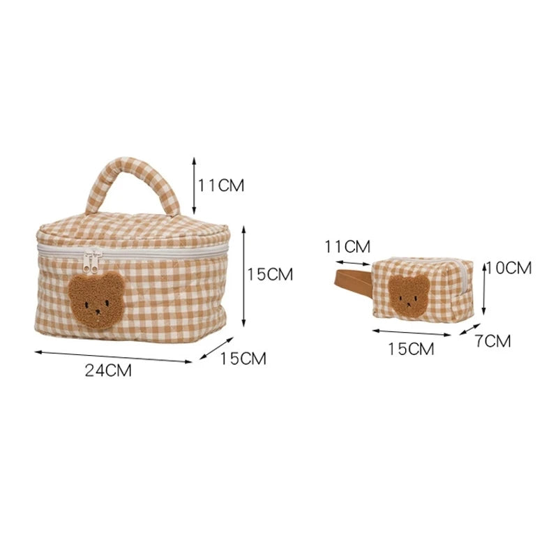 Khaki Makeup Bag Large Capacity Portable Cosmetic Bags Zipper Plaid Brushes Pouc