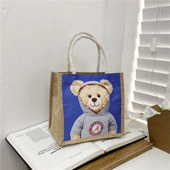 Bear Print Linen Shoulder Handbag Xmas Casual Top-handle Gift Bag