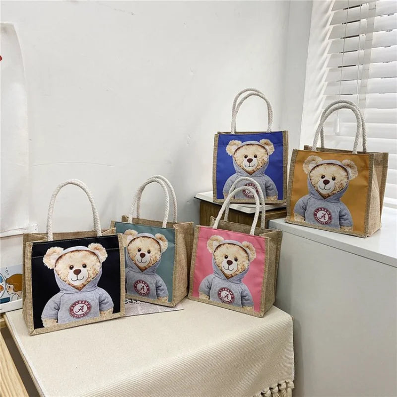 Bear Print Linen Shoulder Handbag Xmas Casual Top-handle Gift Bag