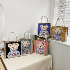 Bear Print Linen Shoulder Handbag Xmas Casual Top-handle Gift Bag