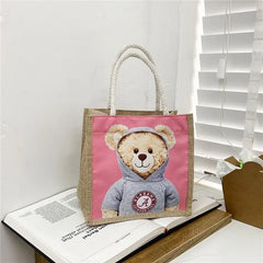 Bear Print Linen Shoulder Handbag Xmas Casual Top-handle Gift Bag