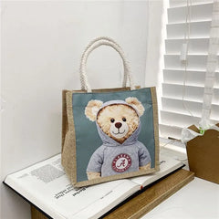 Bear Print Linen Shoulder Handbag Xmas Casual Top-handle Gift Bag