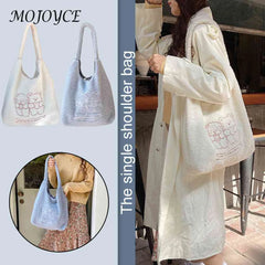 Bear Shopping Bag Embroidered Animal Tote Bag Soft Fluffy Portable Handle
