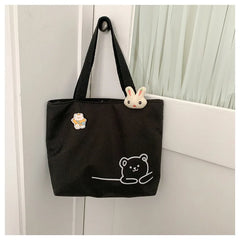 Bear Women Canvas Zipper Bag Student Tote Satchel Travel Purse Handbag