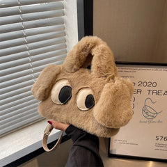 Big Eyed Puppy Shoulder Bag Soft Plush Handbag Purse Cartoon Style