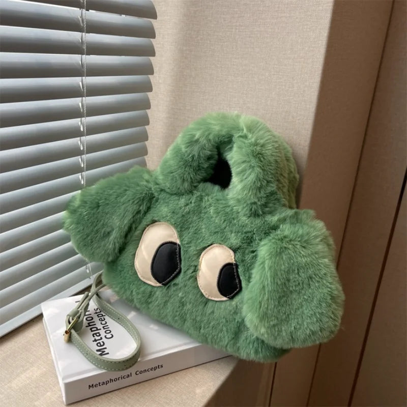 Big Eyed Puppy Shoulder Bag Soft Plush Handbag Purse Cartoon Style