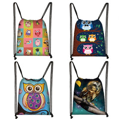 Owl Print Backpack Travel Bag Boys Girls Canvas Drawstring Bags