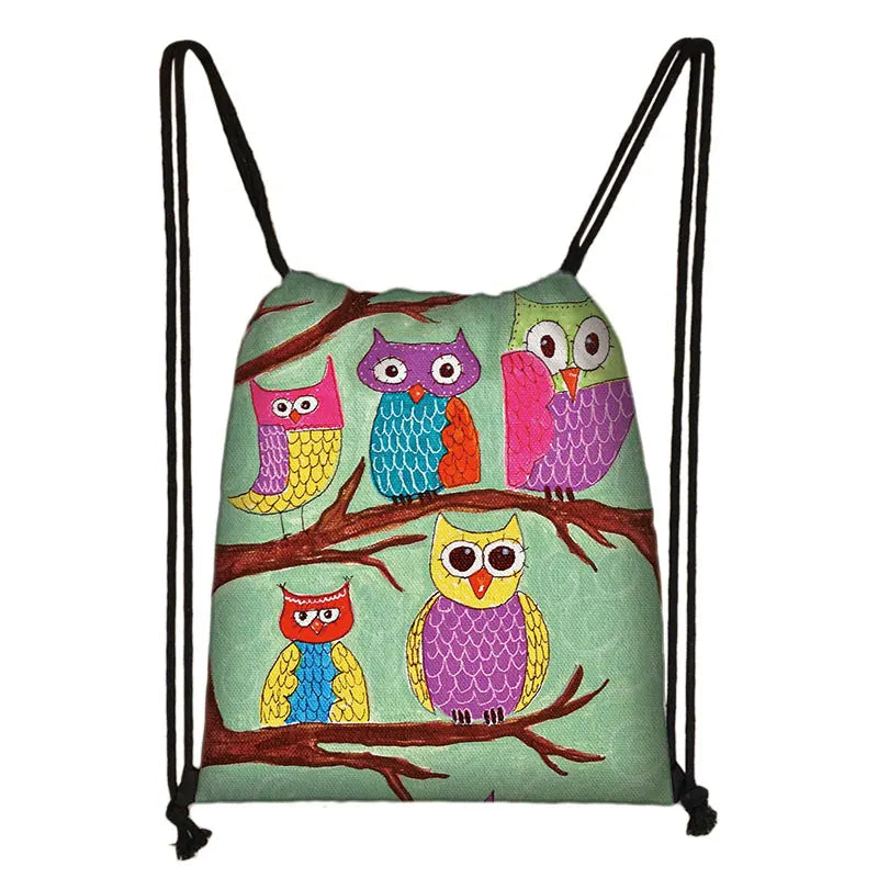 Owl Print Backpack Travel Bag Boys Girls Canvas Drawstring Bags