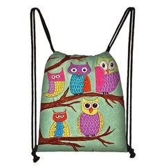 Owl Print Backpack Travel Bag Boys Girls Canvas Drawstring Bags
