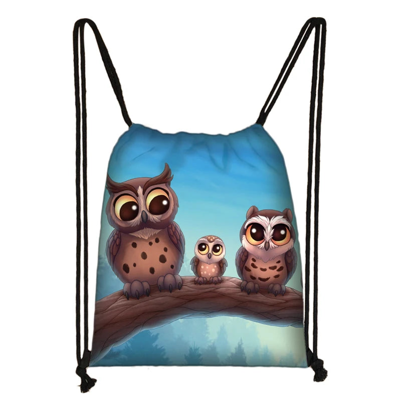 Owl Print Backpack Travel Bag Boys Girls Canvas Drawstring Bags
