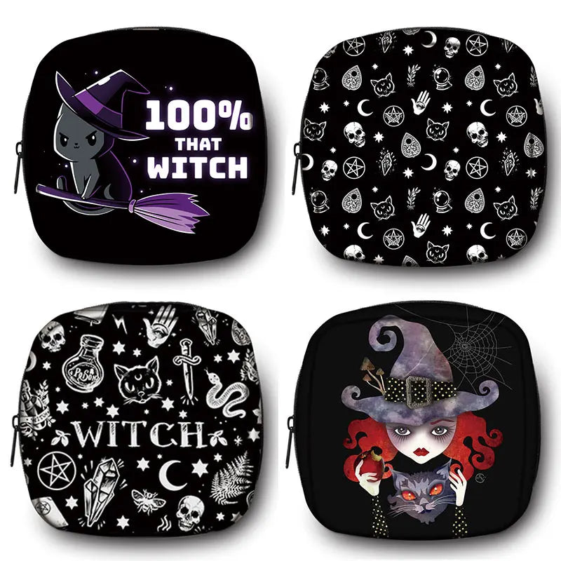Cat Witch Print Period Sanitary Napkin Bag Gothic Handbags Gift