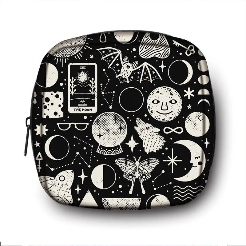 Cat Witch Print Period Sanitary Napkin Bag Gothic Handbags Gift