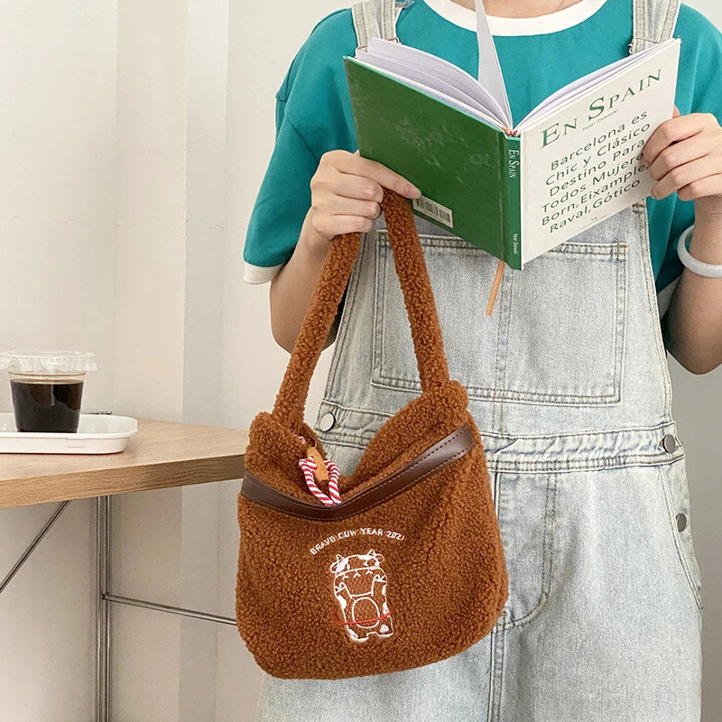 Brown Bear Lamb Fabric Shoulder Tote Bag Soft Handbags