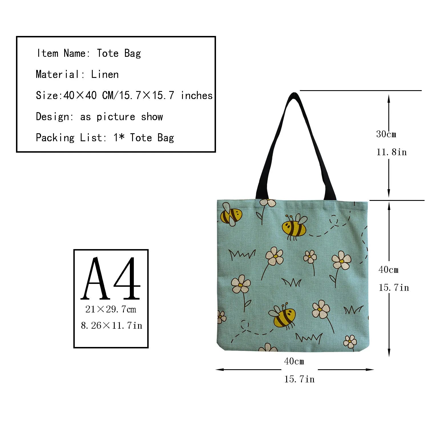 Cartoon Bee Floral Print Casual Bags Eco Friendly Shopper Bags