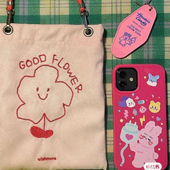 Cartoon Canvas Flower Messenger Bag for Women
