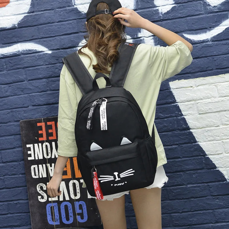 Cartoon Cat Ears Girl School Backpack for Teenage Women