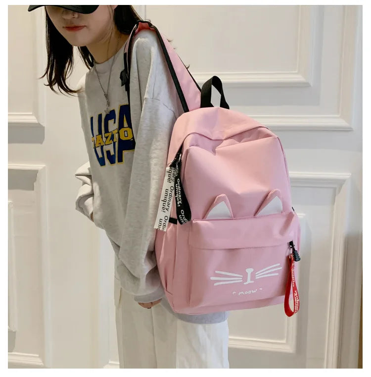 Cartoon Cat Ear Nylon Backpack Schoolbag for Girls