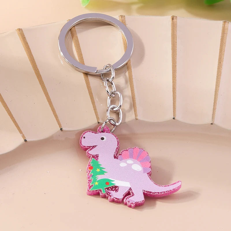 Christmas Dinosaur Keychain Charms Animal Keyrings Pendant for Girls