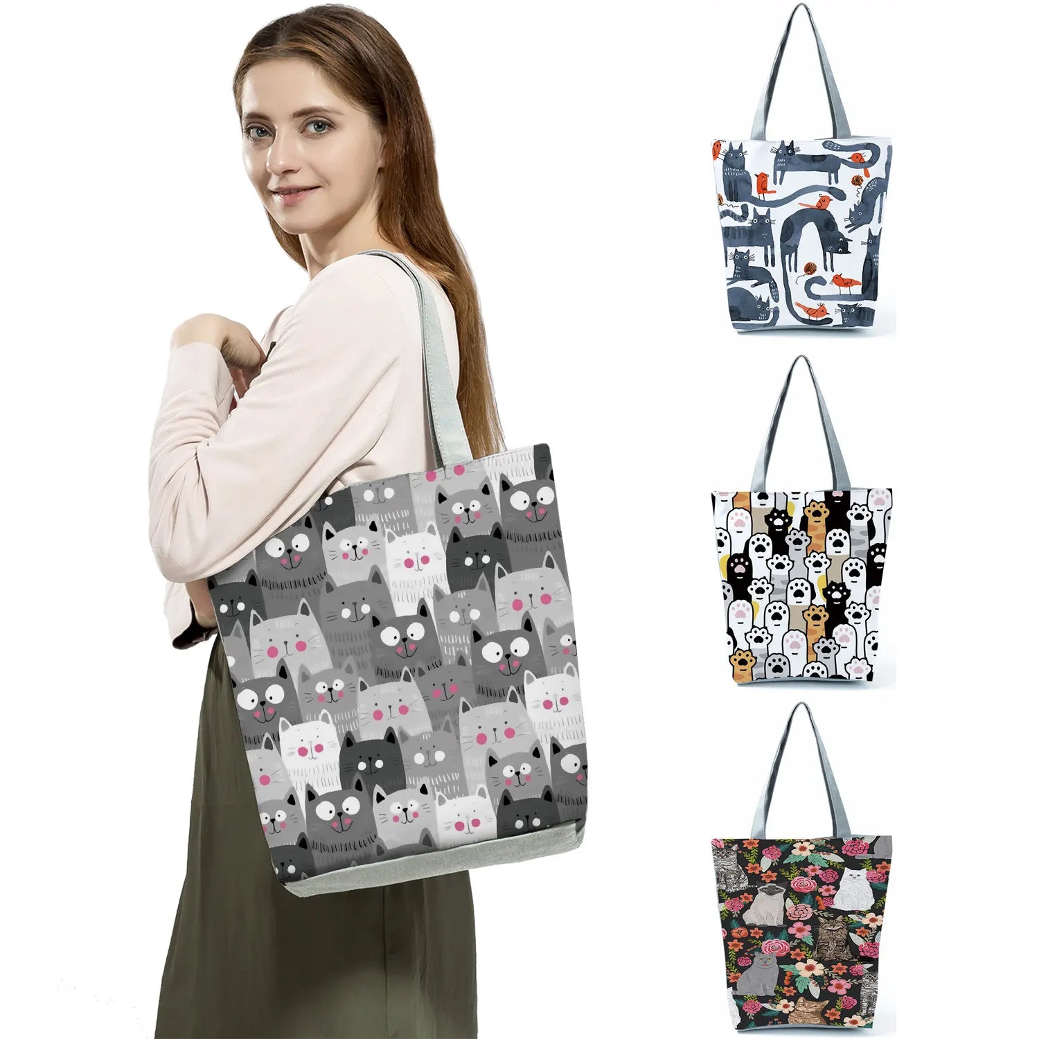 Floral Cat Grocery Tote Eco Storage Handbag