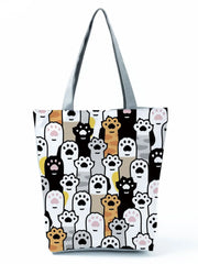 Floral Cat Print Women Shopping Bag Polyester Shoulder Bag