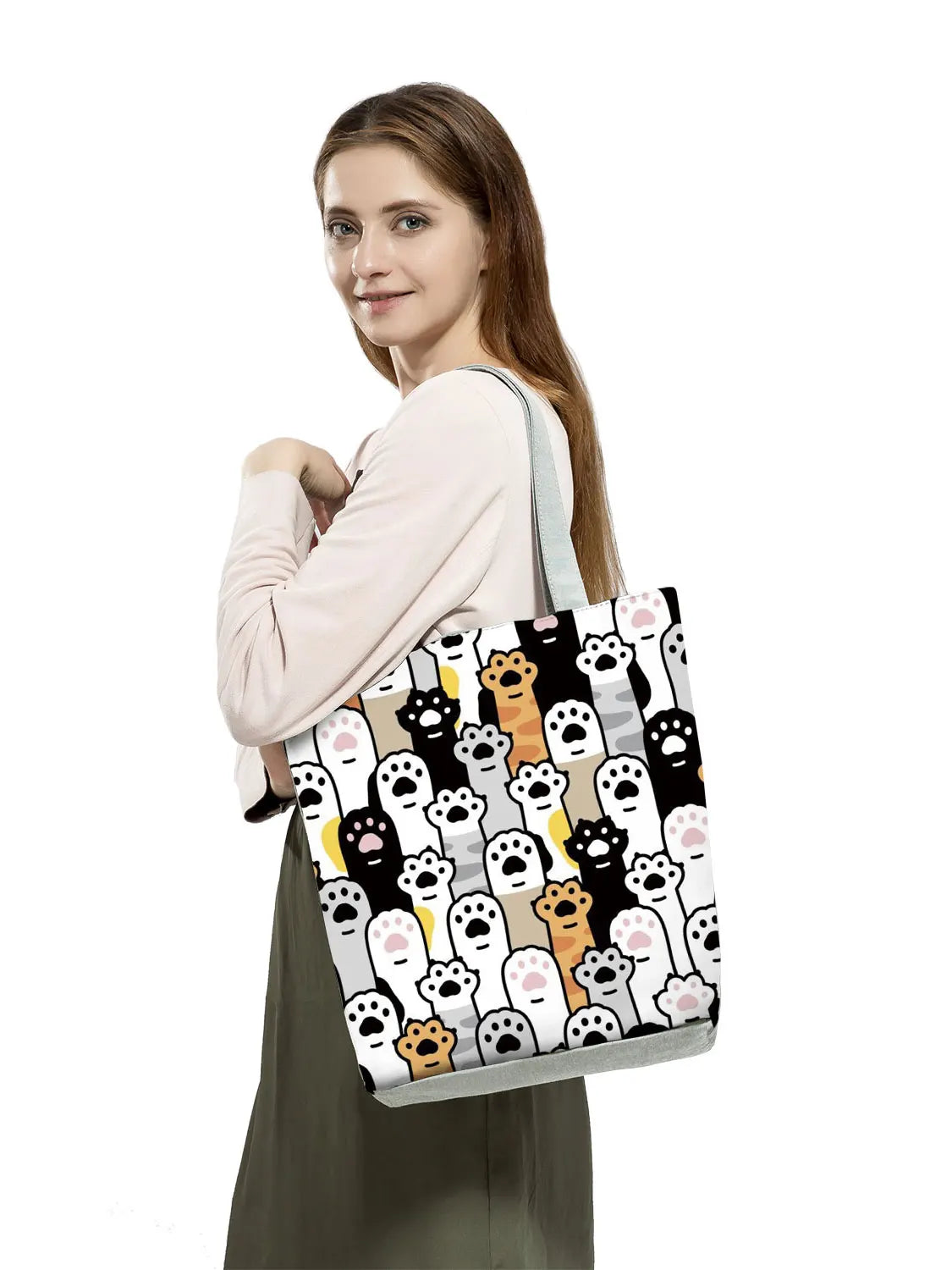 Floral Cat Print Women Shopping Bag Polyester Shoulder Bag