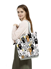 Floral Cat Print Women Shopping Bag Polyester Shoulder Bag