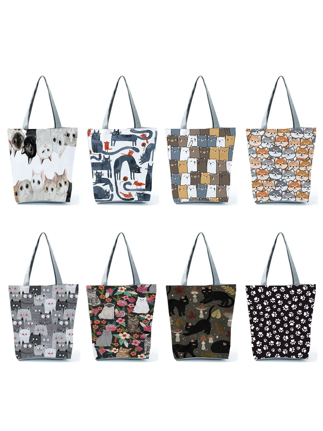 Floral Cat Print Women Shopping Bag Polyester Shoulder Bag