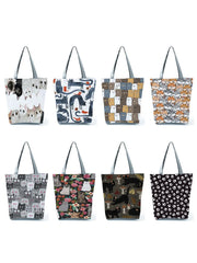 Floral Cat Print Women Shopping Bag Polyester Shoulder Bag