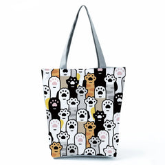 Floral Cat Print Women Shopping Bag Polyester Shoulder Bag