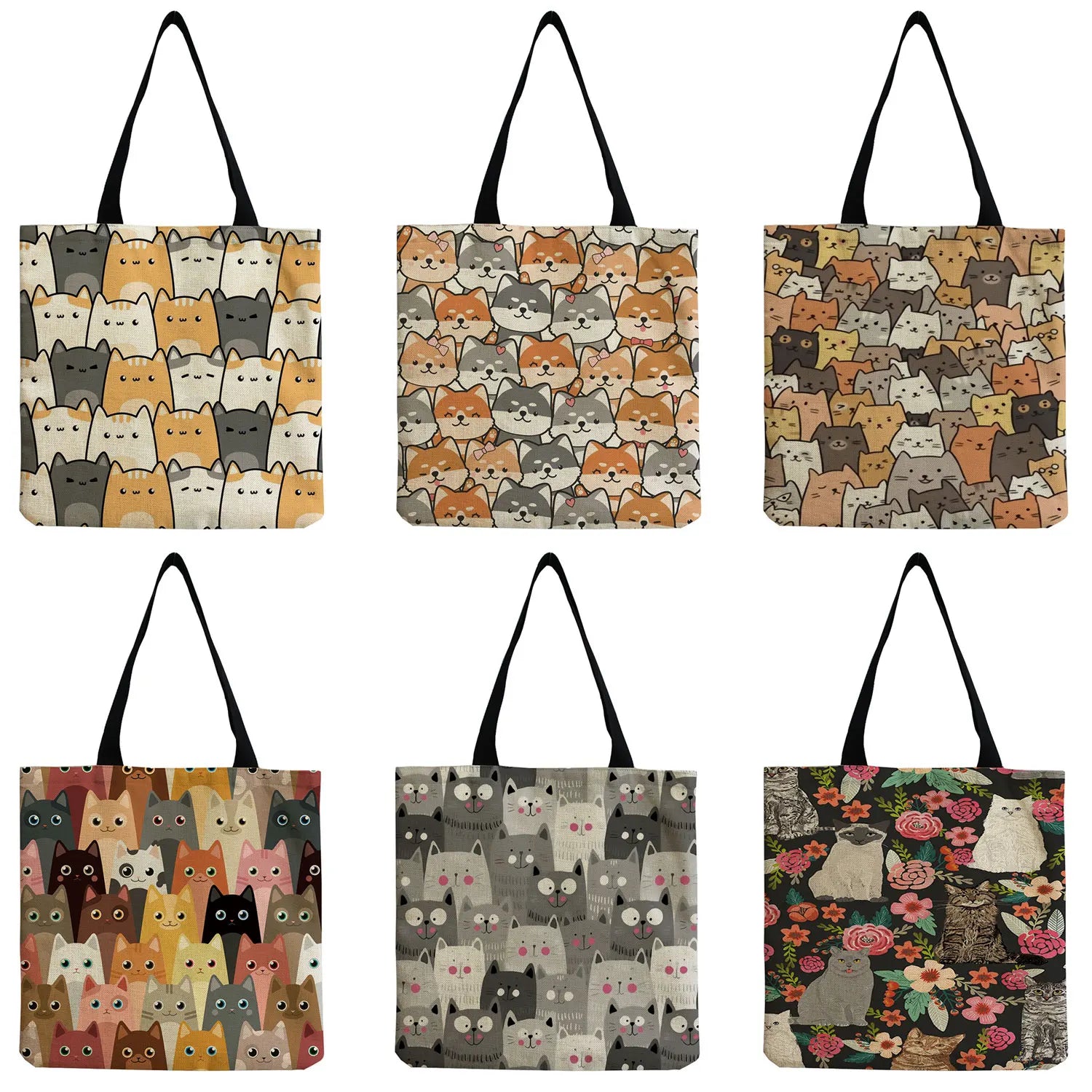 Floral Cat Print Women Shopping Shoulder Bag Eco Storage Handbag