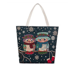 Cartoon Floral Owls Print Shoulder Bag Retro Women Handbags Tote