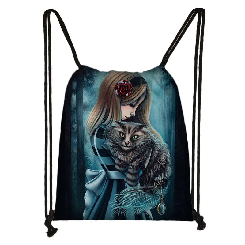 Gothic Girls Drawstring Backpack Women Canvas Bag