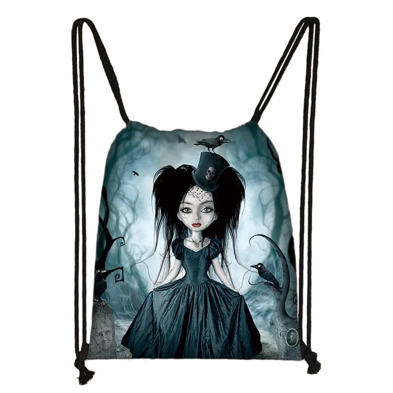 Gothic Girls Drawstring Backpack Women Canvas Bag