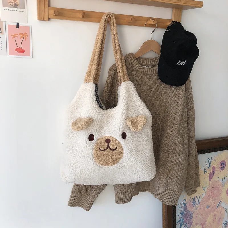 Cartoon Lamb Wool Tote Bag Large Capacity Handbags for Women Ladies