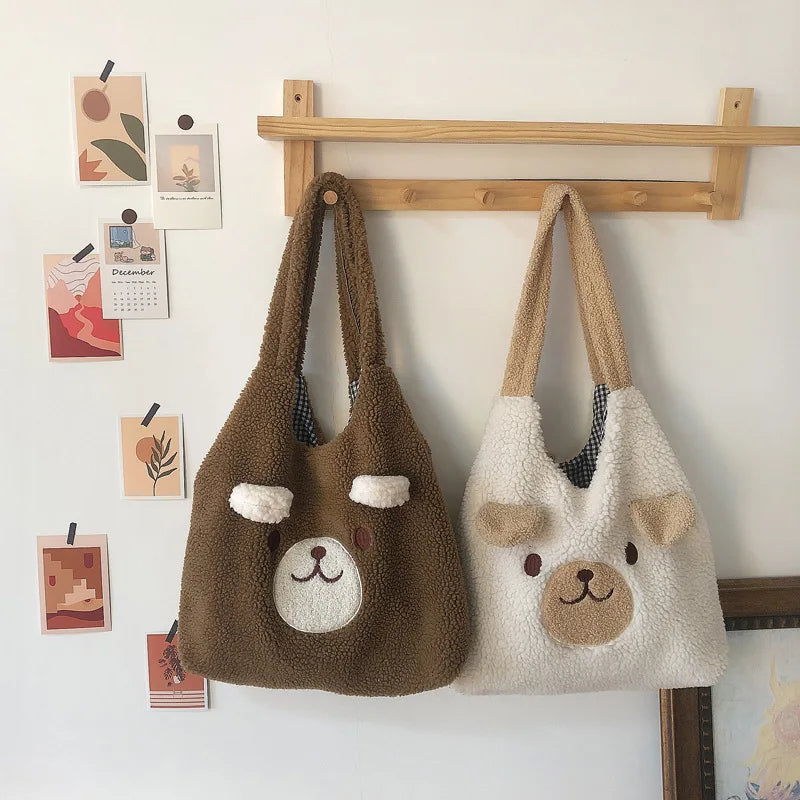 Cartoon Lamb Wool Tote Bag Large Capacity Handbags for Women Ladies