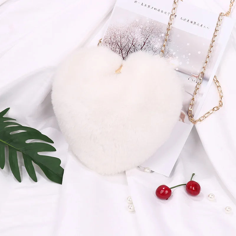 Loving Heart Plush Chain Shoulder Bag for Women Girls