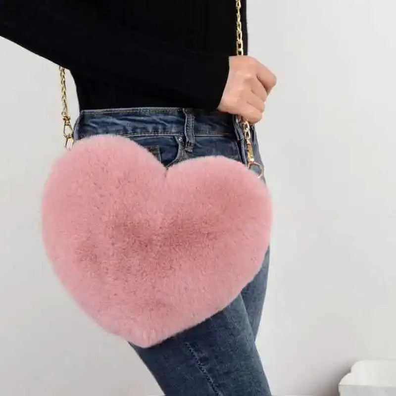 Loving Heart Plush Chain Shoulder Bag for Women Girls