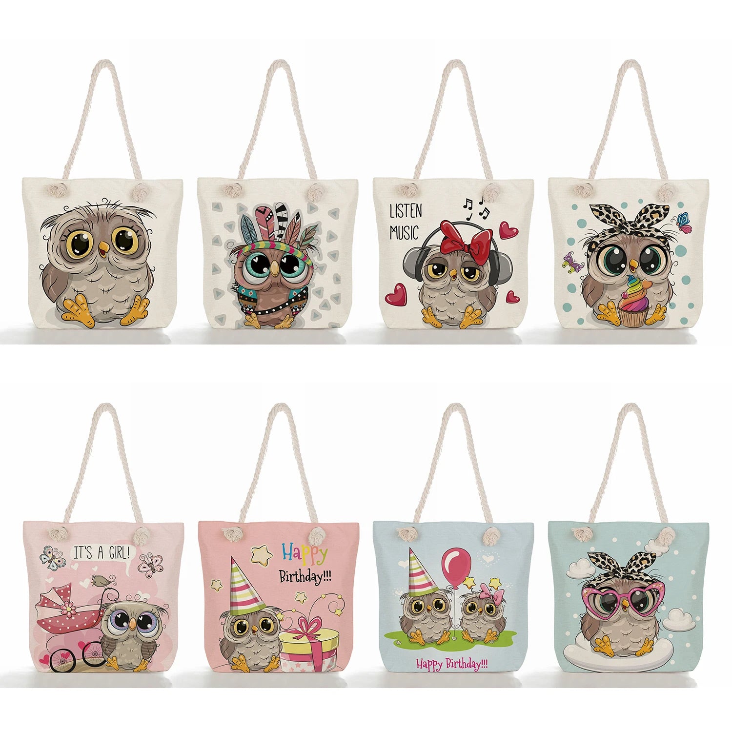 Cartoon Owl Printed Handbags Rope Tote Linen Shoulder Bags